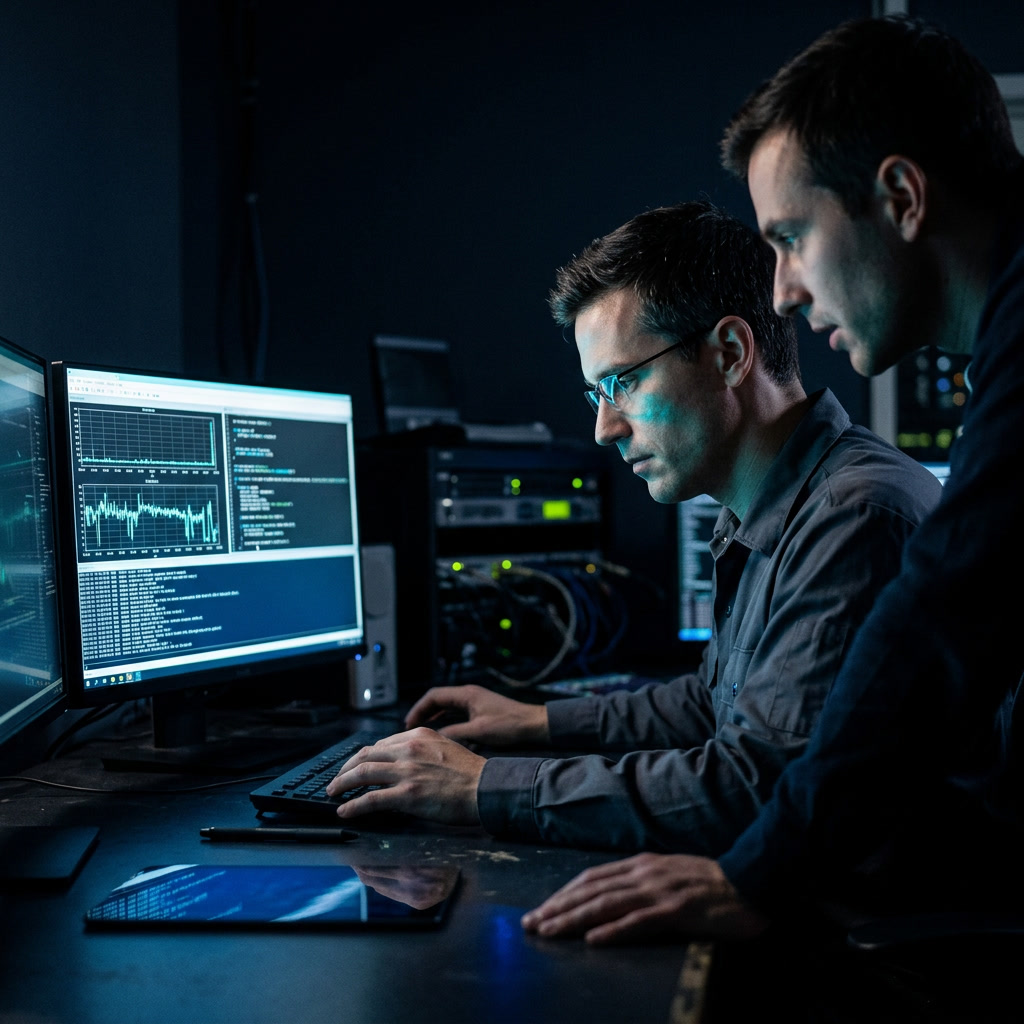 Engineers collaborating at monitors in a technical operations center with server equipment in the background