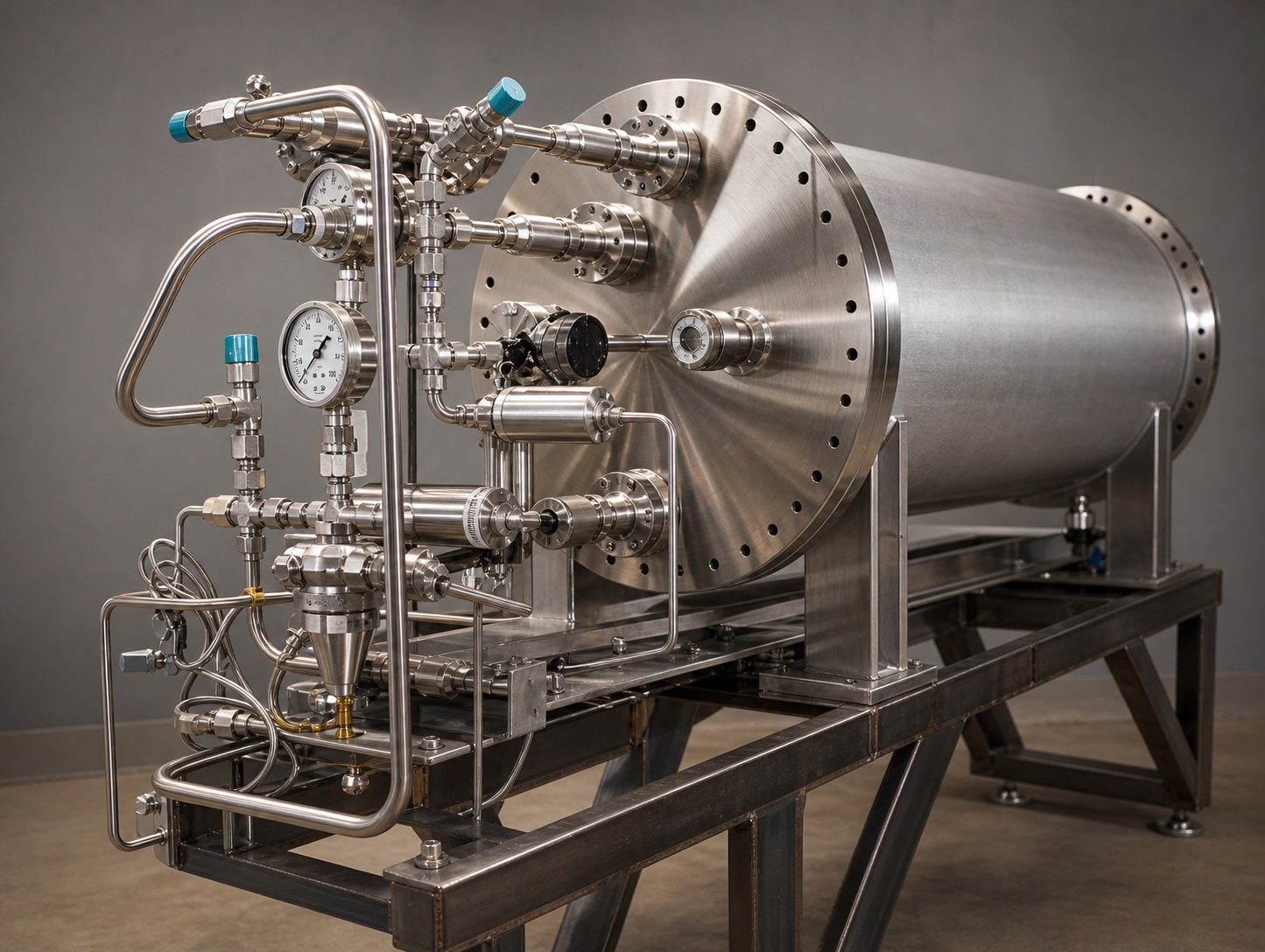Stainless steel pressure vessel with gauges and fluid fittings